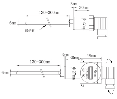 TR20一体化温度变送器 滑动式探杆尺寸图 维连电子
